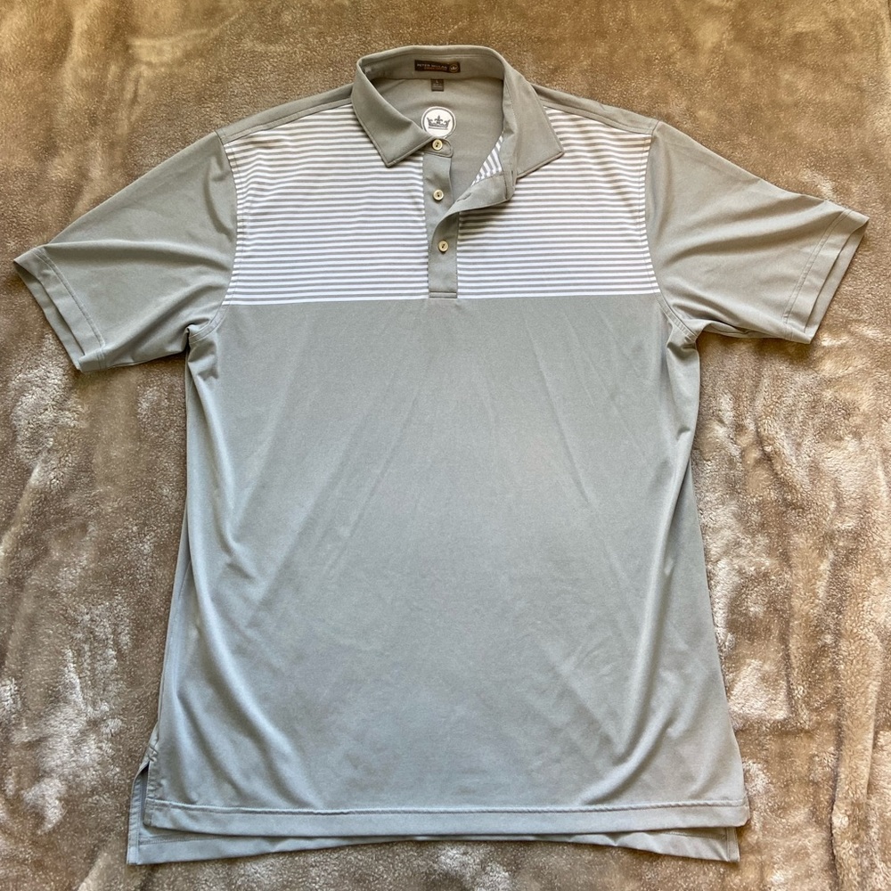 Peter Millar Summer Comfort Grey Striped Gold Athletic Polo Size L